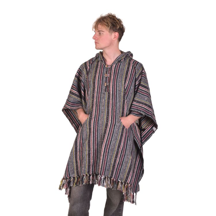 Tibetské pončo z česanej bavlny, vrecká, kapucňa