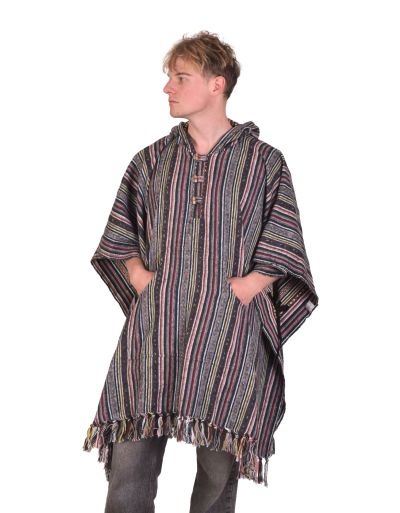 Tibetské pončo z česanej bavlny, vrecká, kapucňa