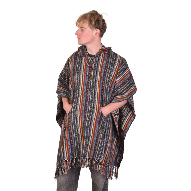 Tibetské pončo z česanej bavlny, vrecká, kapucňa