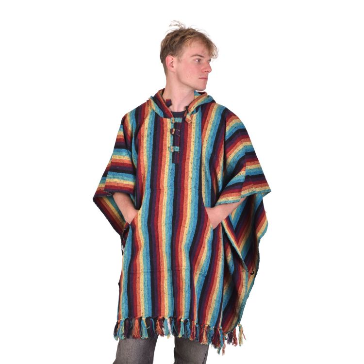 Tibetské pončo z česanej bavlny, vrecká, kapucňa