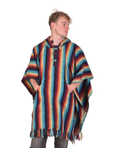 Tibetské pončo z česanej bavlny, vrecká, kapucňa