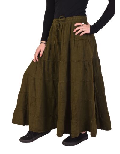 Dlhá mušelínová sukňa, guma a šnúrka v páse, khaki