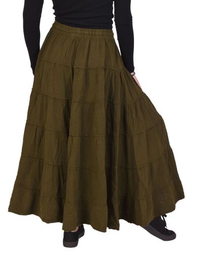 Dlhá mušelínová sukňa, guma a šnúrka v páse, khaki