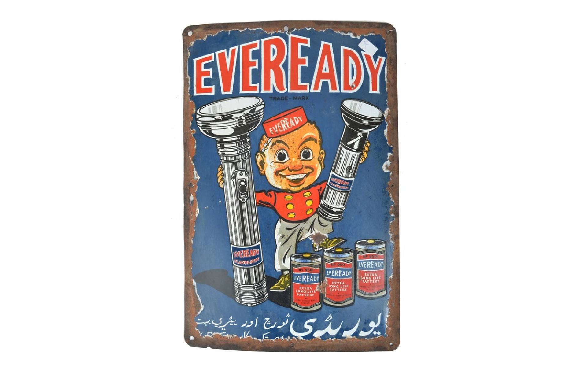 Kovová antik reklamná ceduľa na stenu, "Eveready Flash Light", 30,5x45,5cm
