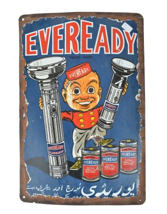 Kovová antik reklamná ceduľa na stenu, "Eveready Flash Light", 30,5x45,5cm
